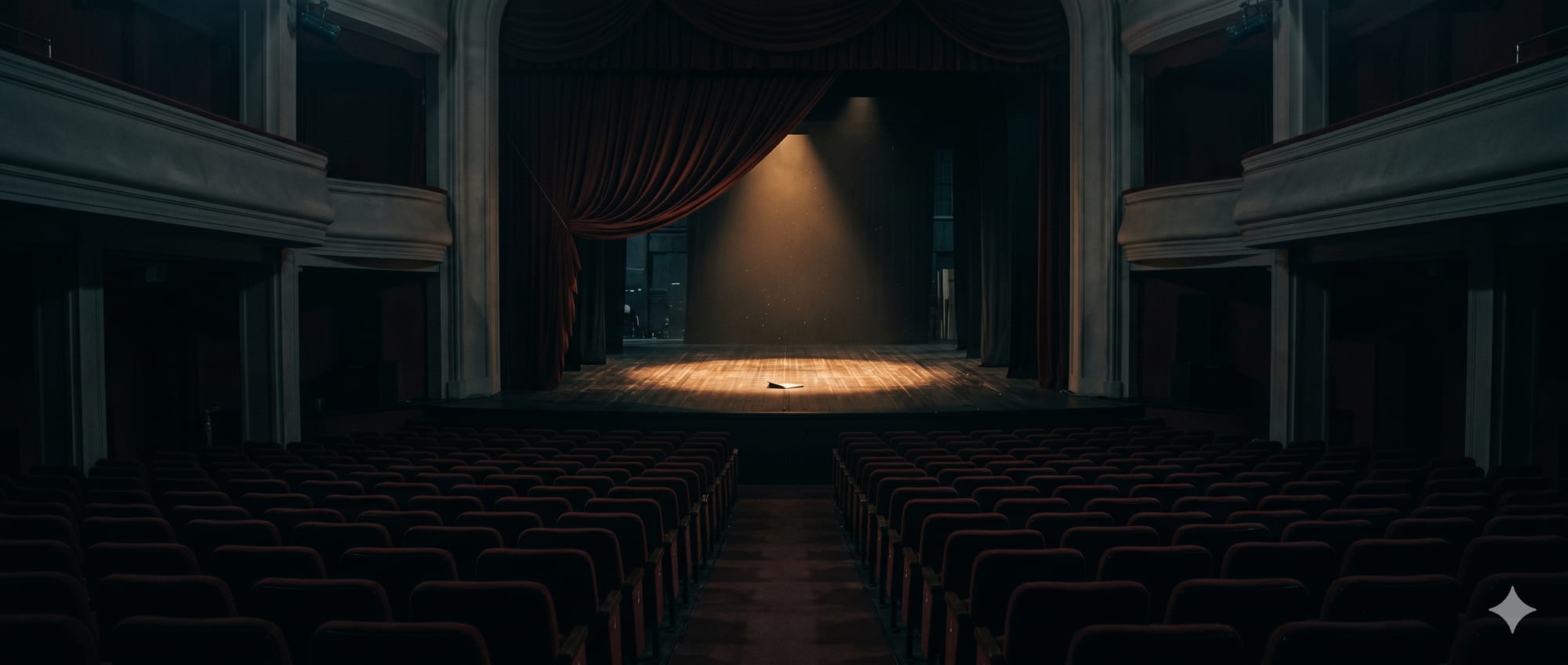 Leere Bühne nach der Show. Stuhlreihen im Halbdunkel, ein letzter Spot auf dem Boden, der Vorhang halb geschlossen. Die Stille danach — ein Bild, das den Anfang einläutet.