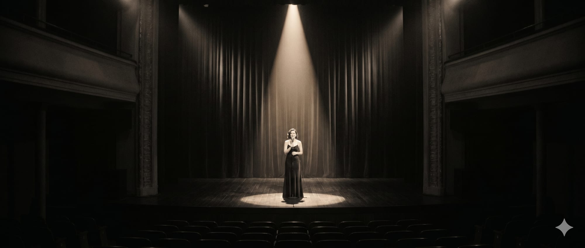 Eine Sängerin steht allein in einem warmen Lichtkegel auf einer leeren Bühne. Der schwere Vorhang dahinter nur angedeutet. Schwarzweiß mit warmem Sepia-Stich, Filmkorn, weiche Schärfe — die Stille vor dem ersten Ton.