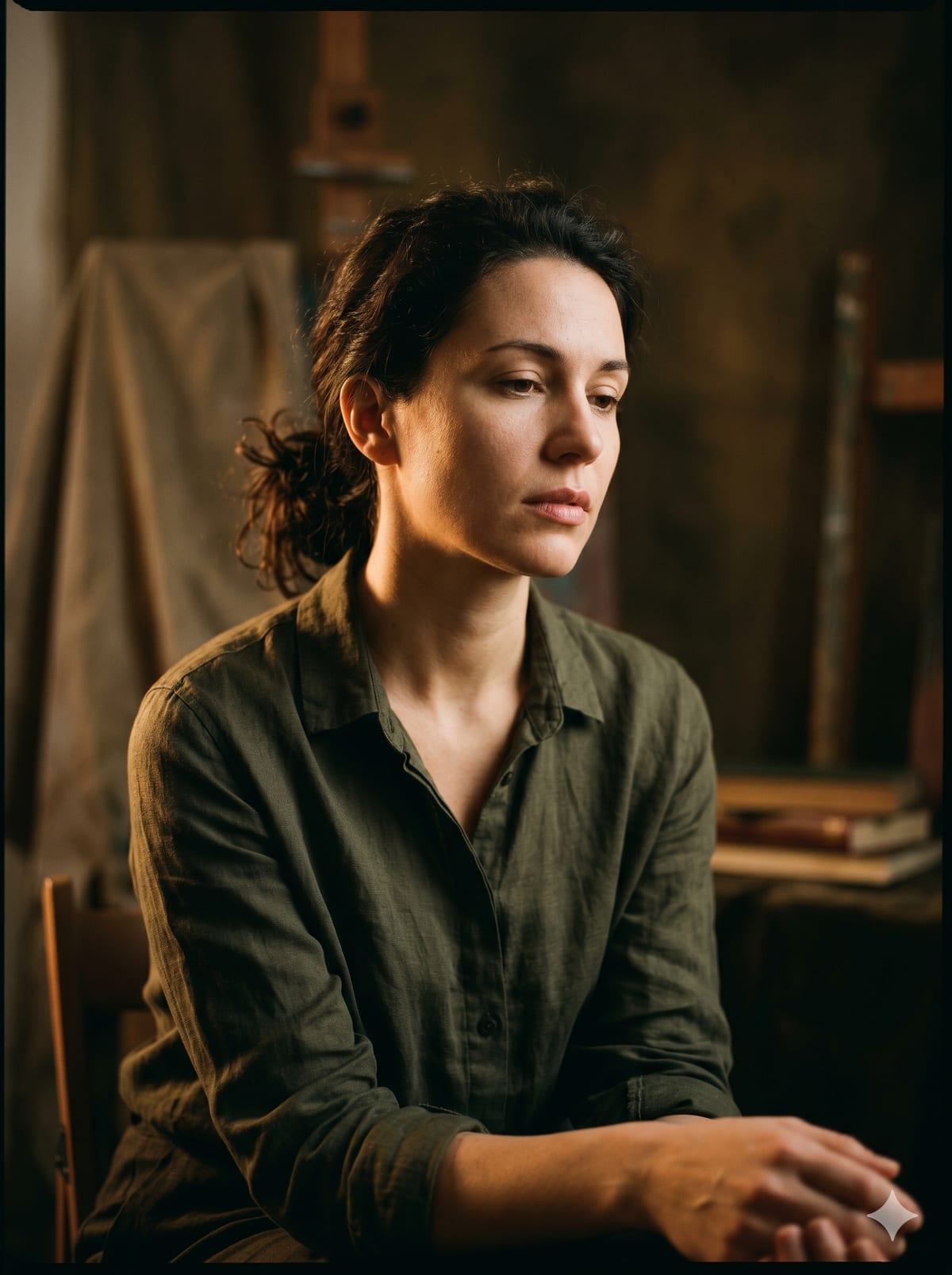 Porträt Palina Vereti. Halb im Schatten, Blick leicht abseits der Kamera. Klassische Atelier-Komposition, warmes Licht von der Seite — kein Lächeln für die Kamera, sondern eine kurze Verlorenheit im Gedanken.