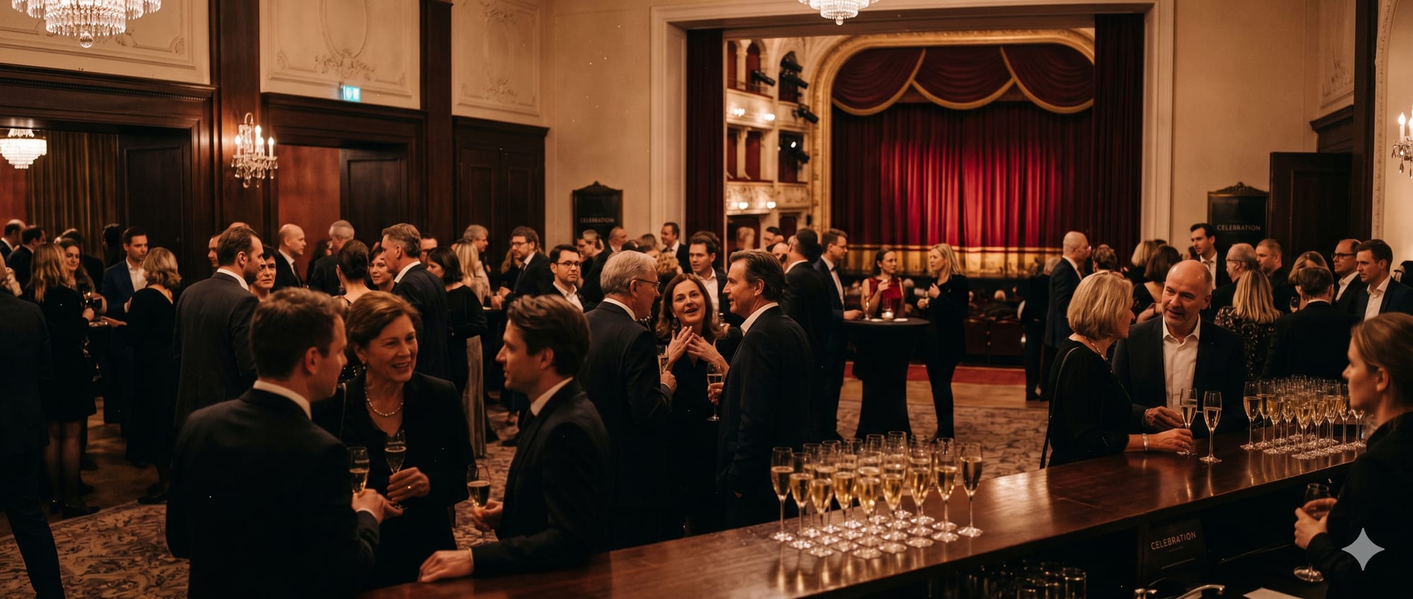Foyer nach der Premiere. Gäste im Gespräch, gedeckte Gläser auf einem dunklen Tresen, der Vorhang im Hintergrund halb geschlossen. Die Stunde, in der aus Besuchern Partner werden.