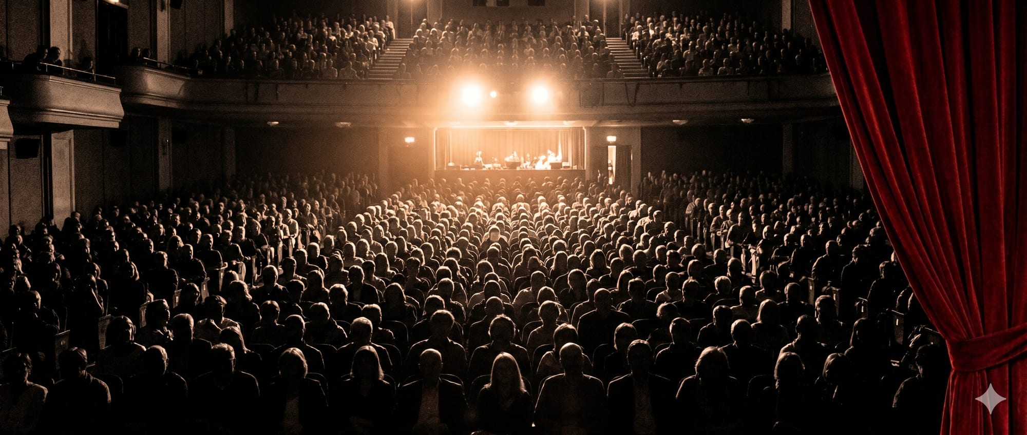 Blick aus der letzten Reihe in einen voll besetzten Saal. Warmes Bühnenlicht, Köpfe im Halbdunkel, ein roter Vorhang am rechten Bildrand. Eingangsfanfare — das Publikum ist da, das Haus trägt.
