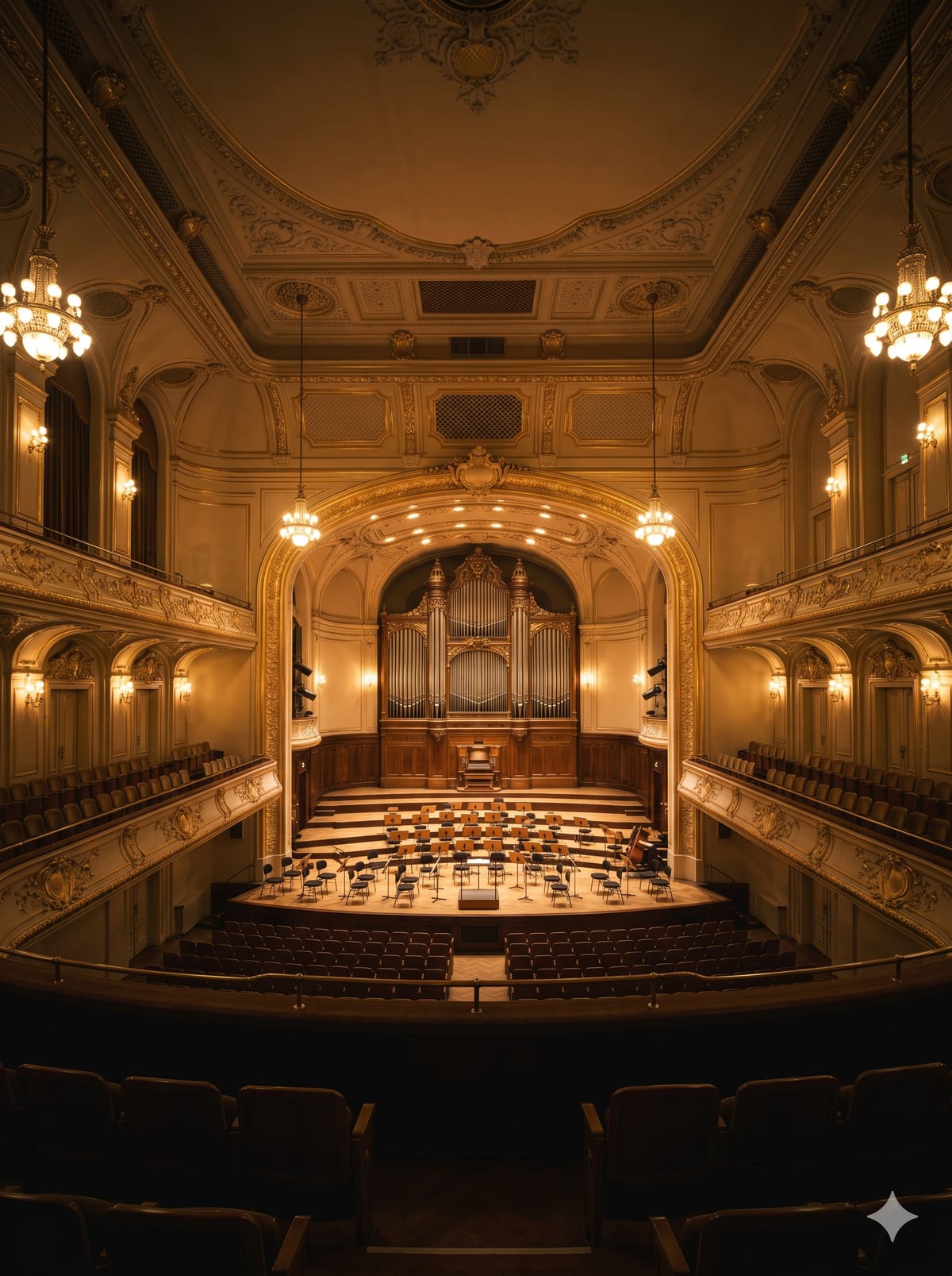 Innenraum eines historischen Konzertsaals, leer und beleuchtet. Die Architektur erzählt allein — ein Haus, das bereit ist, geliehen zu werden.